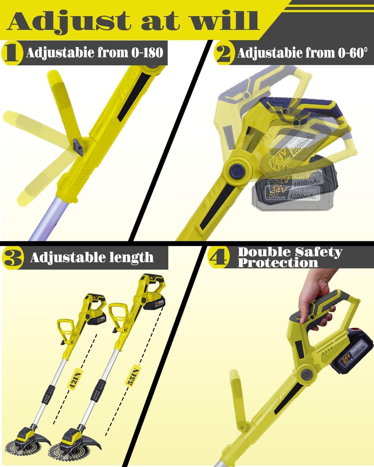 Electric Weed Wacker Cordless Eater Battery Powered Brushless Brush Cutter with 2X4.0Ah Batteries and Charger 24V Powerful Weed Trimmer 2 Types Metal Blades for Lawn Yard Garden (Green)